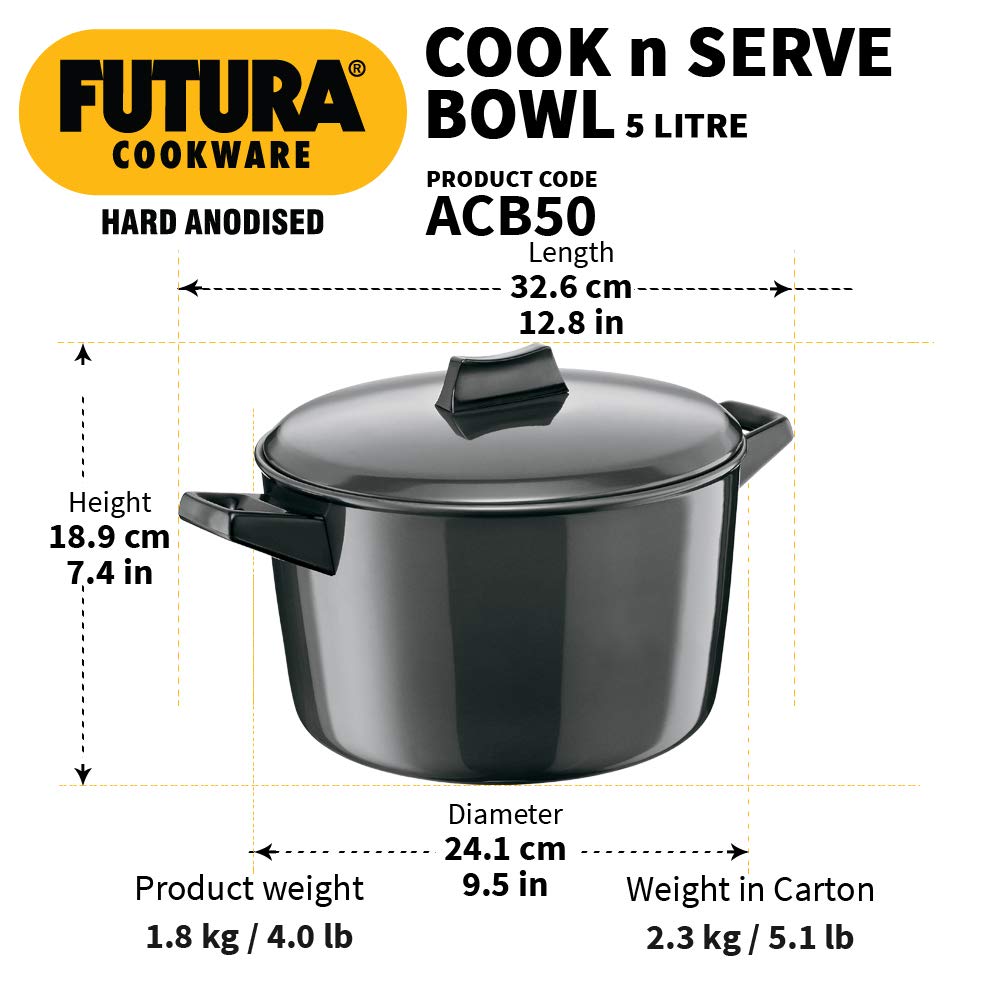 5 Liter Futura Hard Anodised Cook n Serve Saucepan, Coowkare with Hard Anodised Lid SRC004