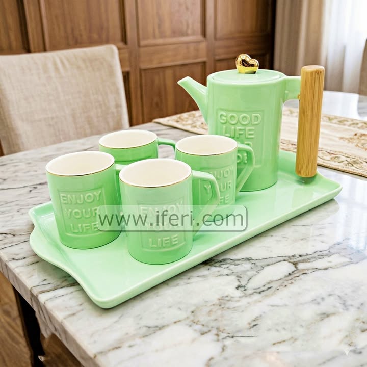 6 Pcs Exclusive Ceramic Tea Pot & Cup Set with Serving Tray RY3620