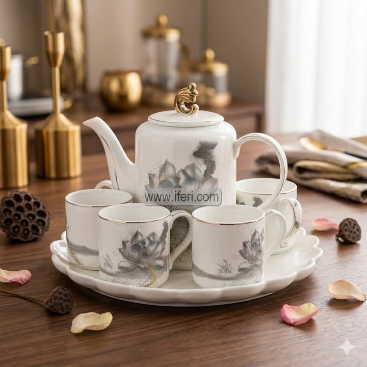 7 Pcs Exclusive Ceramic Tea Pot & Cup Set with Serving Tray EB21607