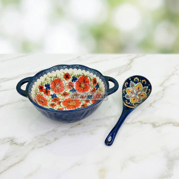 2 Pcs Ceramic Bowl & Soup Serving Spoon Set RY3630