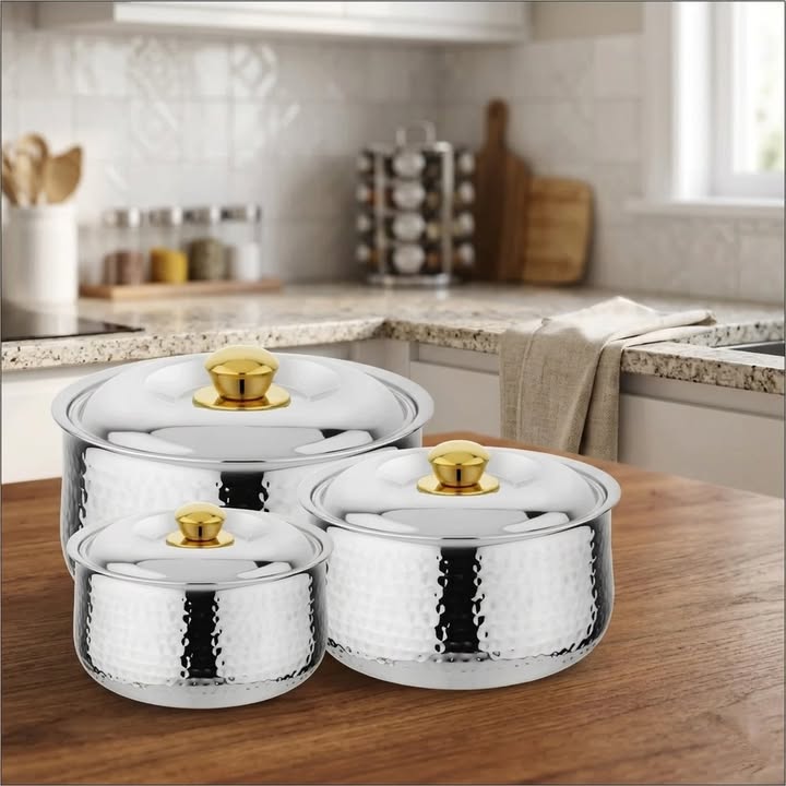 3 Pcs Stainless Steel Hammered Cookware Set with Lid ALM7002