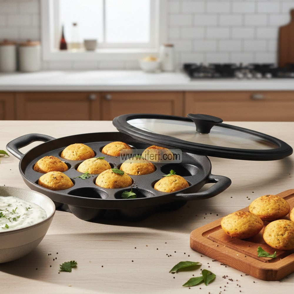 26cm Tramontina Titanex Cast Iron Paniyaram / Appe Pan, Pitha Ful, Pitha Mold with Lid ALM6962