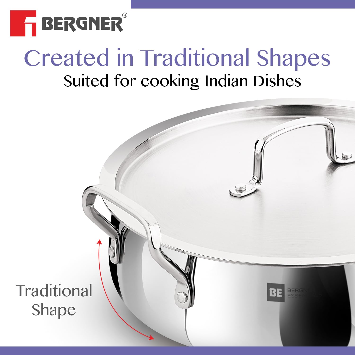 32cm BERGNER ESSENTIALS Tri-Ply Stainless Steel Belly Shaped Biryani Handi with Lid ALM6524