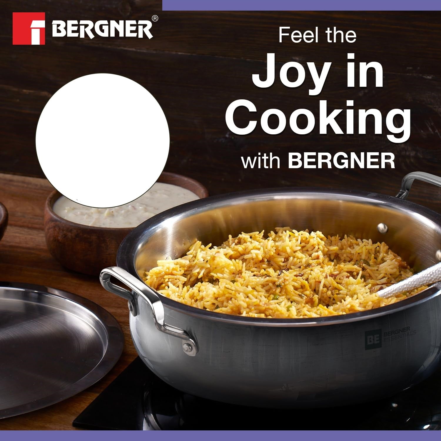 32cm BERGNER ESSENTIALS Tri-Ply Stainless Steel Belly Shaped Biryani Handi with Lid ALM6524