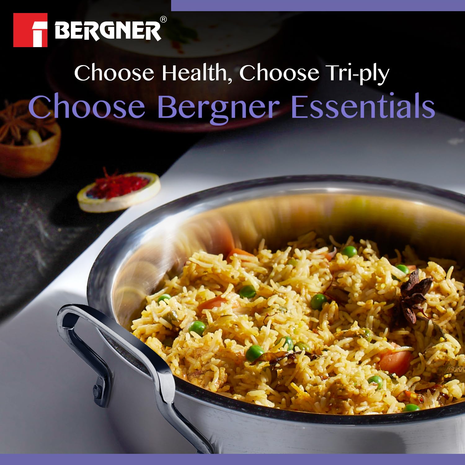 32cm BERGNER ESSENTIALS Tri-Ply Stainless Steel Belly Shaped Biryani Handi with Lid ALM6524