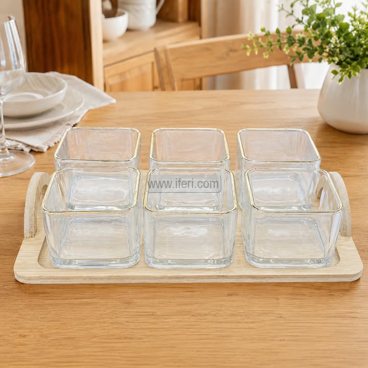 6 Pcs Exclusive Golden Rim Glass Firni, Dessert Serving Bowl Set with Tray RH0524