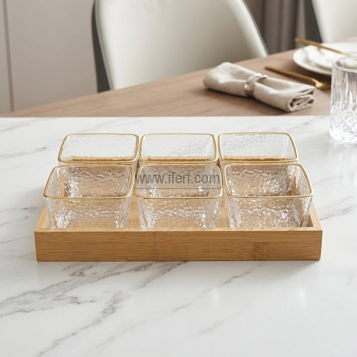 6 Pcs Exclusive Golden Rim Glass Firni, Dessert Serving Bowl Set with Tray RH0526