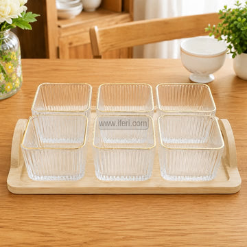 6 Pcs Exclusive Golden Rim Glass Firni, Dessert Serving Bowl Set with Tray RH0528