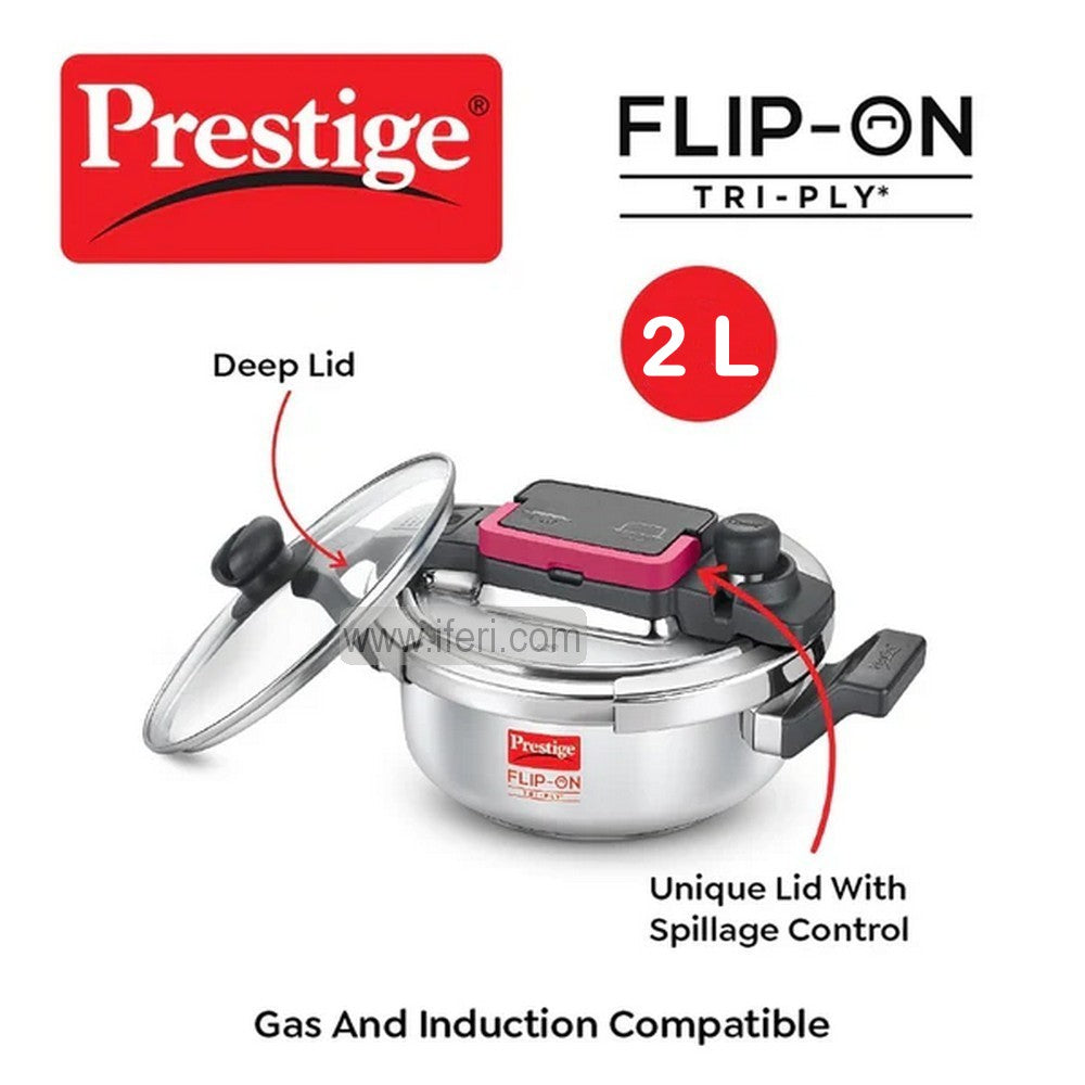 2 Liter Prestige FLIP-ON Tri-Ply Stainless Steel Pressure Cooker with Glass Lid PG20710