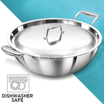 6 Liter Hawkins Pro Tri-Ply Stainless Steel Deep Karai / Cookware with Stainless Steel Lid ALM6505