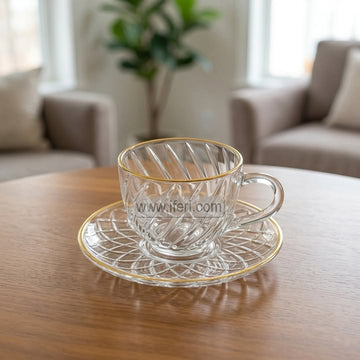 12 Pcs Golden Rim Glass Tea Cup & Saucer Set TB1721