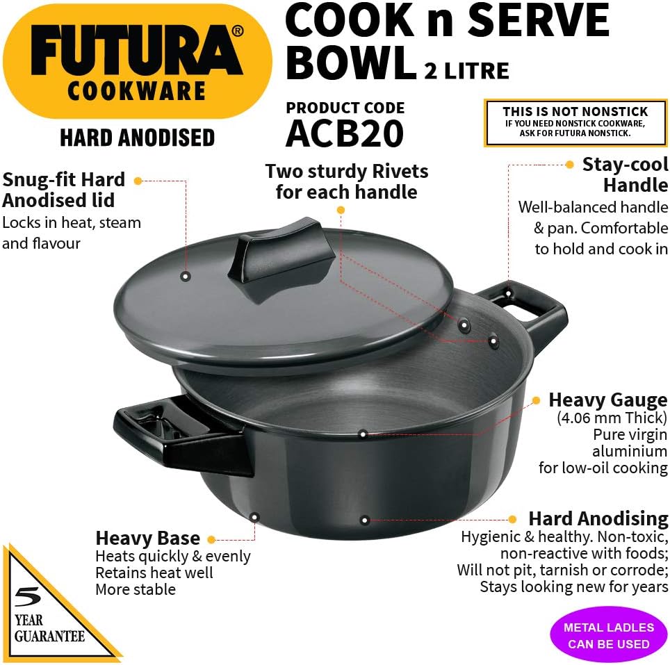 2 Liter Futura Hard Anodised Cook n Serve Saucepan, Coowkare with Hard Anodised Lid SRC001