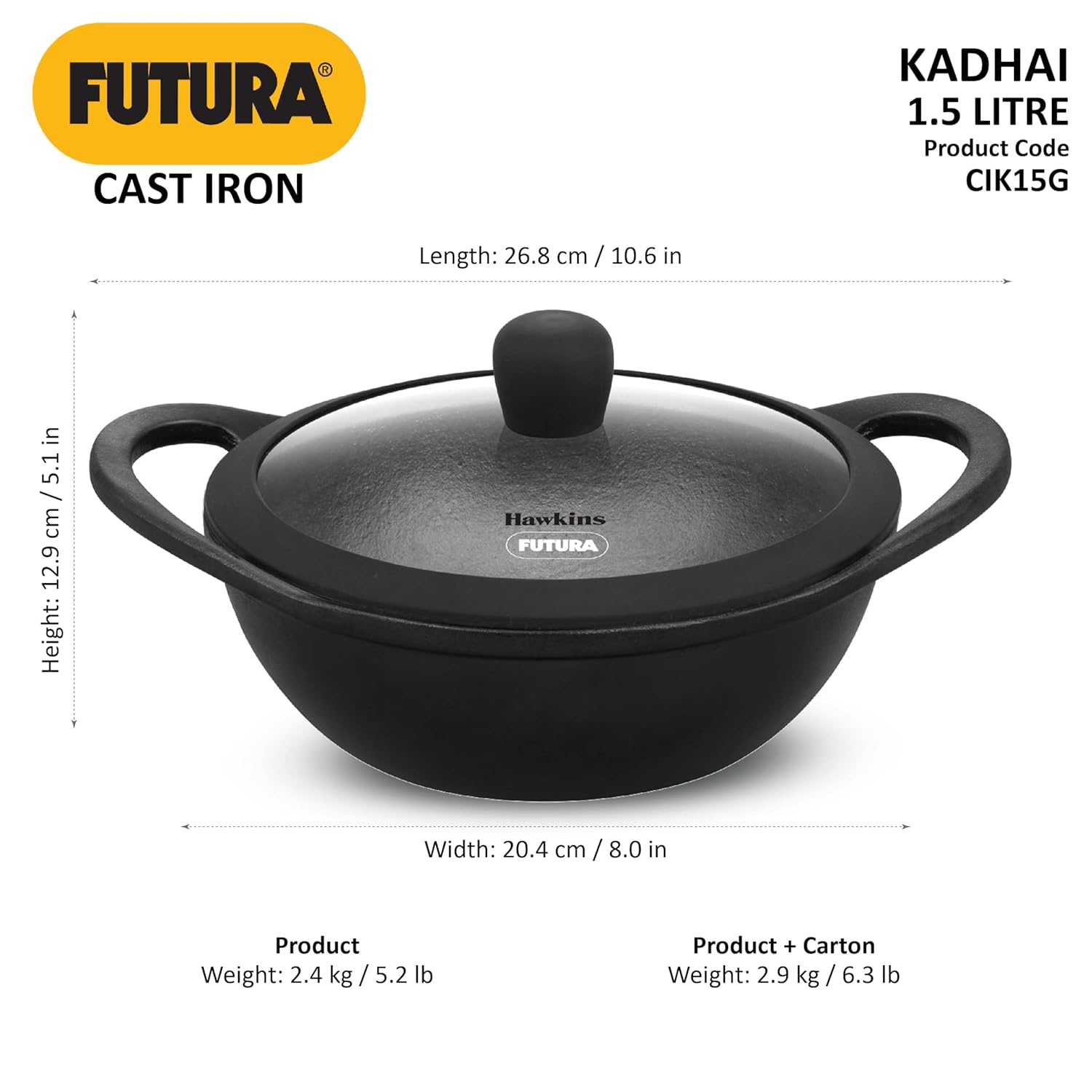 1.5 Liter Futura Cast Iron Kadhai with Glass Lid ALM6839