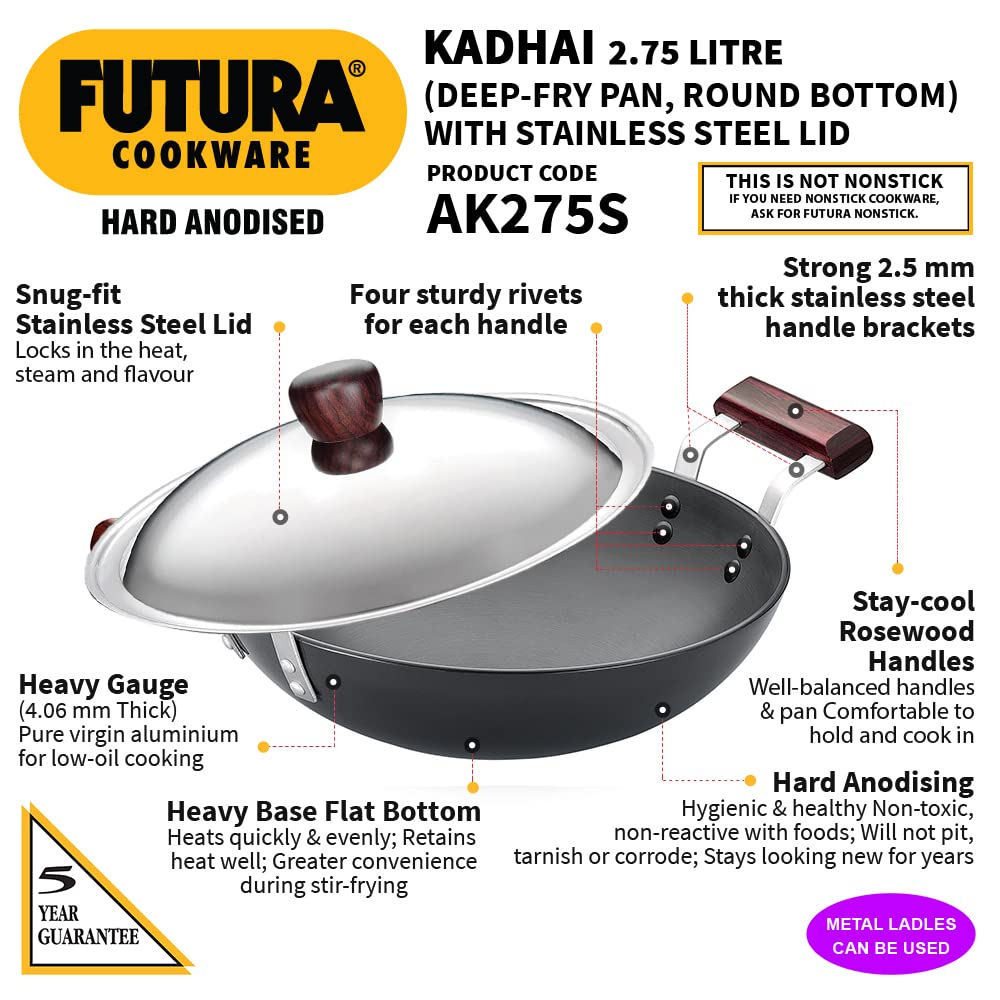 2.75 Liter Futura Hard Anodised Karai, Cookware with SS Lid SRC007