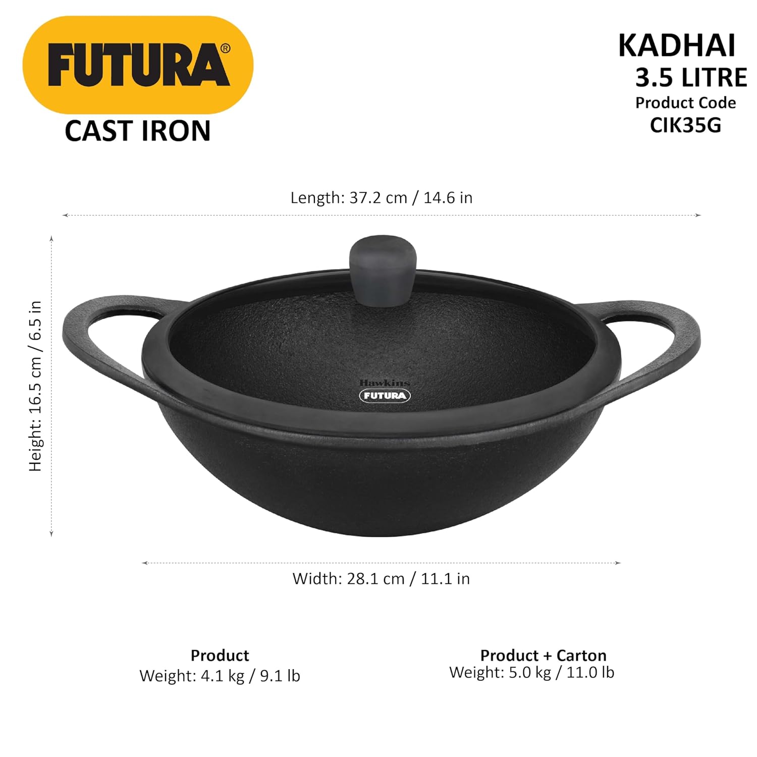 3.5 Liter Futura Cast Iron Kadhai with Glass Lid ALM6839