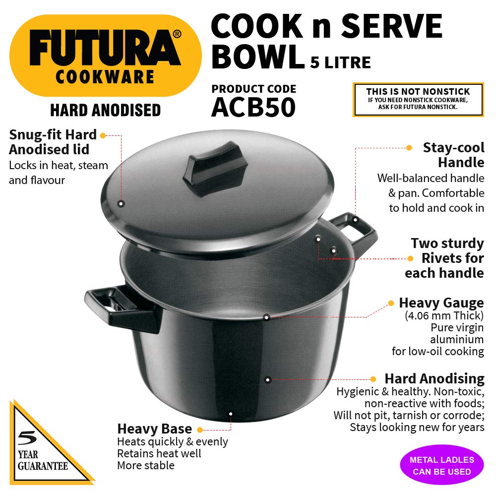 5 Liter Futura Hard Anodised Cook n Serve Saucepan, Coowkare with Hard Anodised Lid SRC004