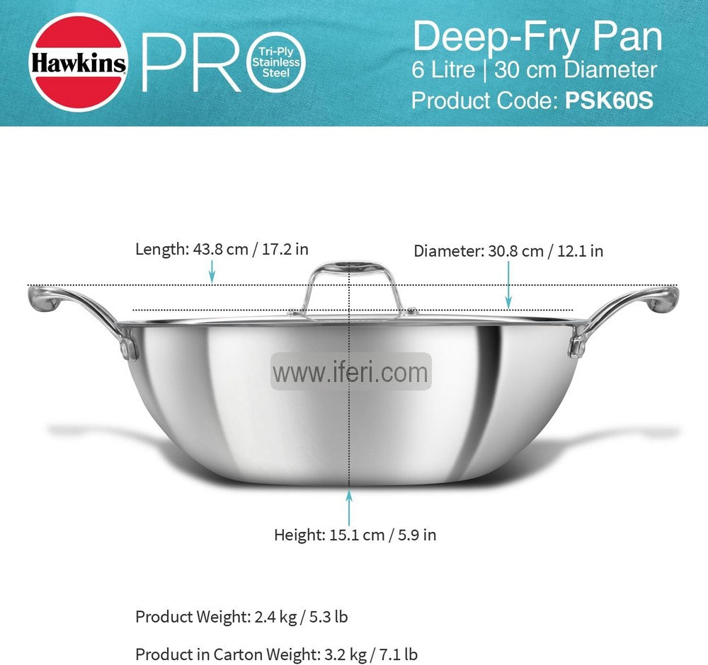 6 Liter Hawkins Pro Tri-Ply Stainless Steel Deep Karai / Cookware with Stainless Steel Lid ALM6505