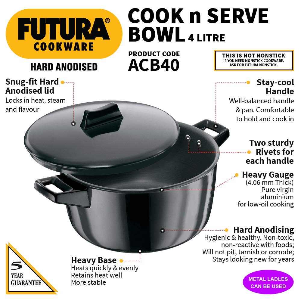4 Liter Futura Hard Anodised Cook n Serve Saucepan, Coowkare with Hard Anodised Lid SRC003