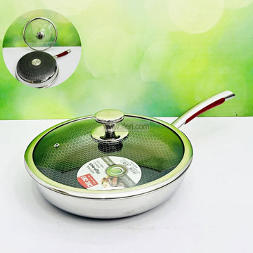 26cm Chic Chef Uncoated Honeycomb Design Stainless Steel Non-Stick Fry Pan with Lid DL6943