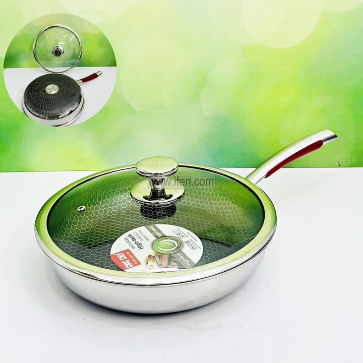 28cm Chic Chef Uncoated Honeycomb Design Stainless Steel Non-Stick Fry Pan with Lid DL6943