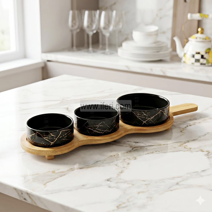 3 Pcs Exclusive Ceramic Serving Dish Bowl Set With Wooden Tray RY36822