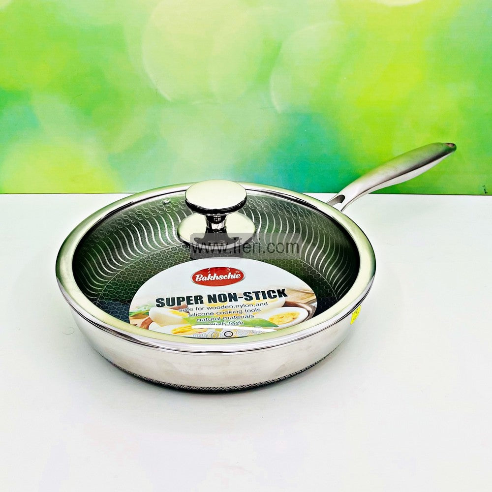 26cm Uncoated Honeycomb Design Stainless Steel Non-Stick Fry Pan with Lid TG10726