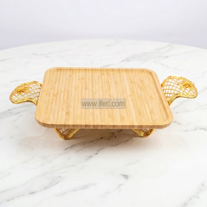 9.5 Inch Bamboo Cake, Dessert, Appetizer Serving Stand / Platter with Metal Stand DL6971