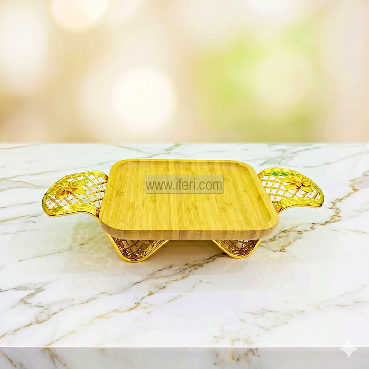 7.5 Inch Bamboo Cake, Dessert, Appetizer Serving Stand / Platter with Metal Stand DL6970