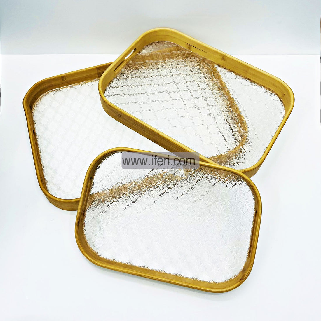 3 Pcs Exclusive Rectangular Bamboo & Acrylic Serving Tray TG4973