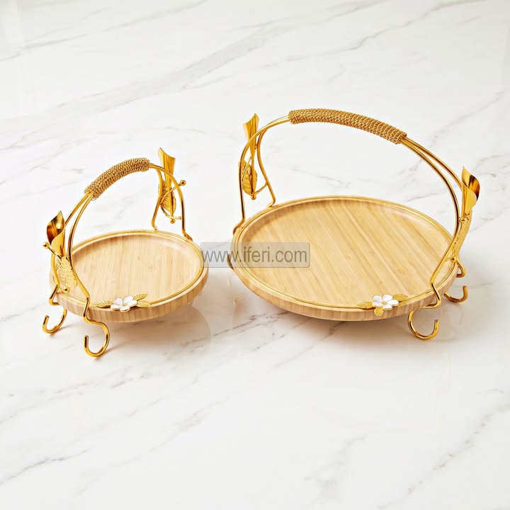 2 Pcs Bamboo Cake, Dessert, Appetizer Serving Stand / Platter Set with Metal Stand DL6973