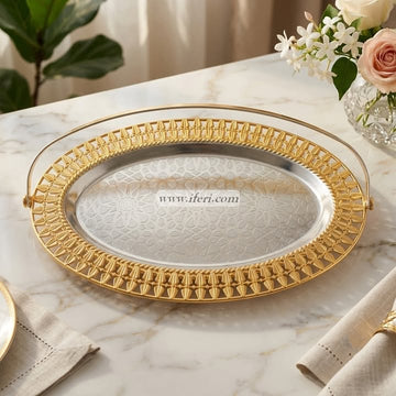 12.5 Inch Gold Embossed Serving Tray with Handles OMR1070