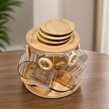 12 Pcs Revolving Glass Tea Cup & Saucer Set with Stand OMR1058