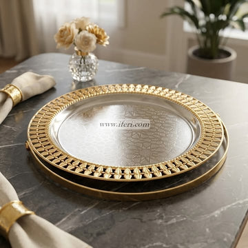 11 Inch Gold Embossed Serving Tray with Handles OMR1060