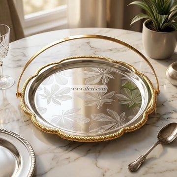 10 Inch Gold Embossed Serving Tray with Handles OMR1061