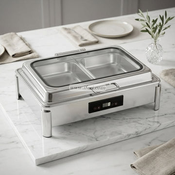 2 Pan Stainless Steel Chafing Dish with Hydraulic Lid & Electric Heating OMR1072
