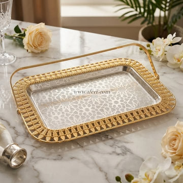 12.5 Inch Gold Embossed Serving Tray with Handles OMR1066