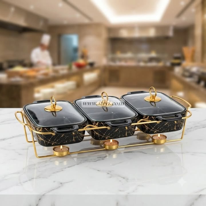 3 Part Ceramic Chafing Dish Food Warmer OMR1076