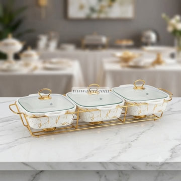 3 Part Ceramic Chafing Dish Food Warmer OMR1079