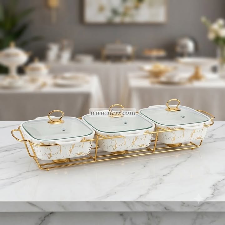 3 Part Ceramic Chafing Dish Food Warmer OMR1079