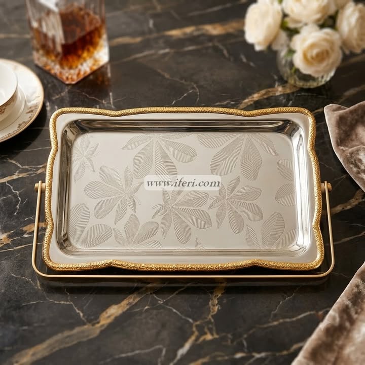 11.5 Inch Gold Embossed Serving Tray with Handles OMR1062