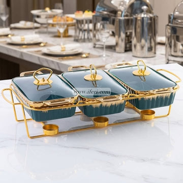 3 Part Ceramic Chafing Dish Food Warmer OMR1083