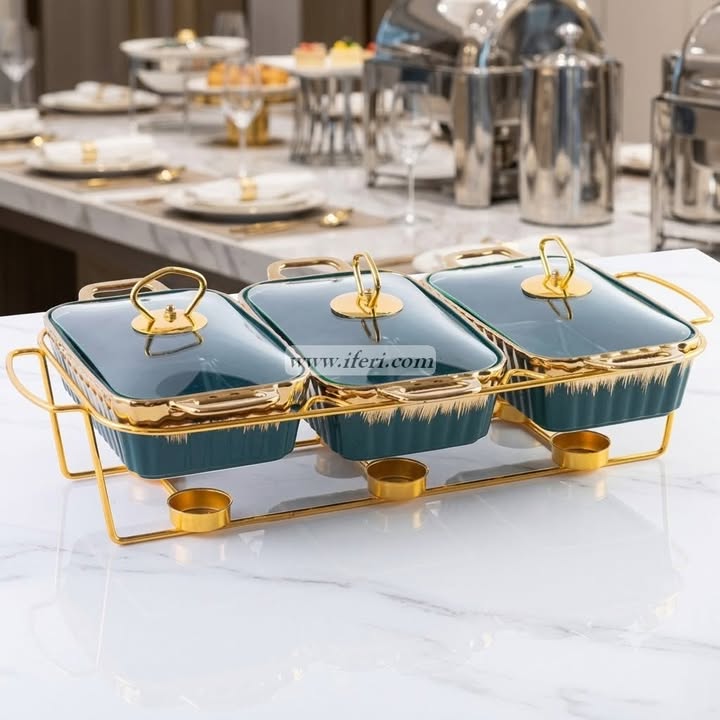 3 Part Ceramic Chafing Dish Food Warmer OMR1083