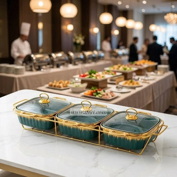 3 Part Ceramic Chafing Dish Food Warmer OMR1078