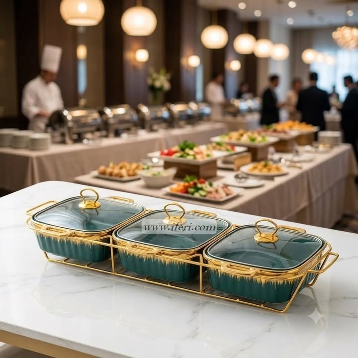3 Part Ceramic Chafing Dish Food Warmer OMR1078