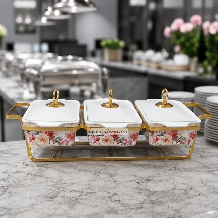 3 Part Ceramic Chafing Dish Food Warmer OMR1084