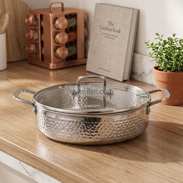 28cm UAKEEN Hammered Stainless Steel-316 Grade Induction Friendly Multipan/Shallow Cookware with Lid ALM7009
