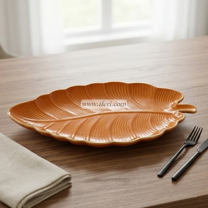 15 Inch Silver Rim Ceramic Leaf Shaped Serving Tray CGA0465