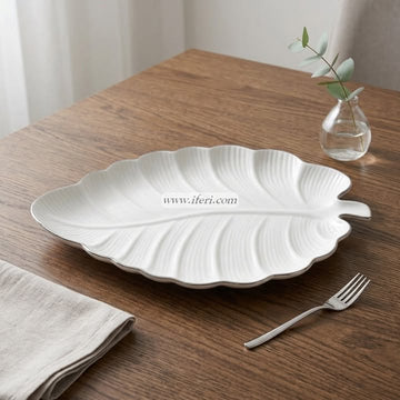 15 Inch Silver Rim Ceramic Leaf Shaped Serving Tray CGA0467