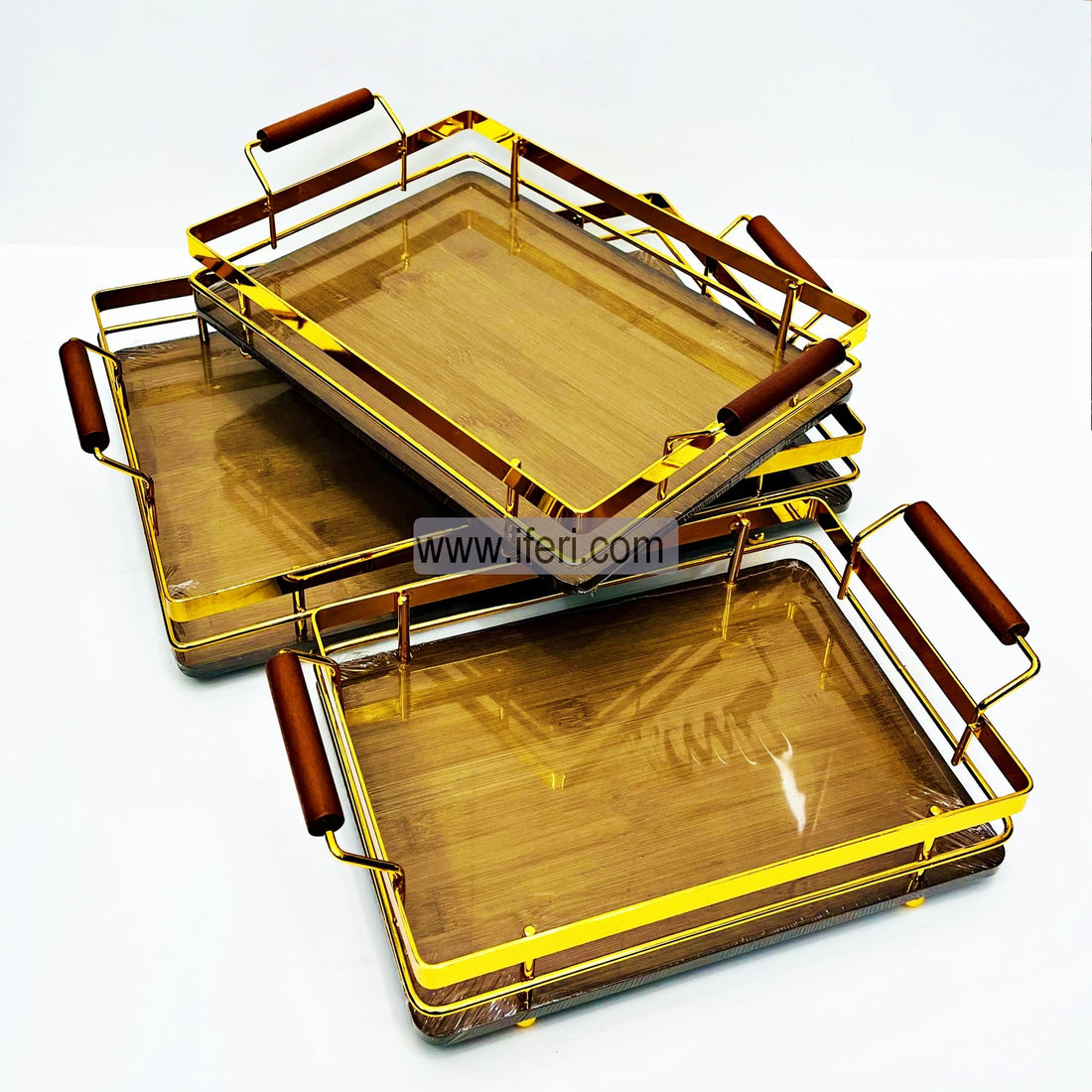 3 Pcs Exclusive Rectangular Wood & Metal Serving Tray TG4975