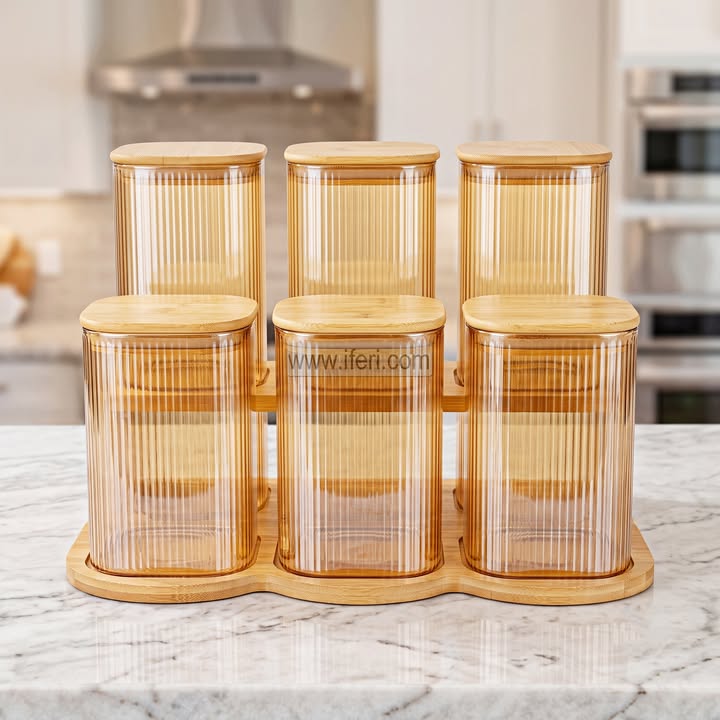 6 Pcs Airtight Glass Cookie Jar / Spice Jar Set with Stand IQ142